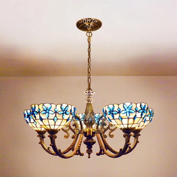 Van vroeger geschulpte hanglamp glas--lood 3/5 lichten bloemen omgekeerde kroonluchter met ketting rood/blauw voor slaapkamer