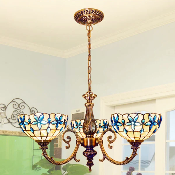 Van vroeger geschulpte hanglamp glas--lood 3/5 lichten bloemen omgekeerde kroonluchter met ketting rood/blauw voor slaapkamer