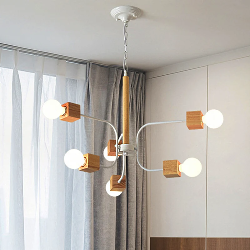 Wit/zwarte gebogen arm hangende kroonluchter modernistische multi-verlichting houten hanglamp met ketting met CE-Keurmerk