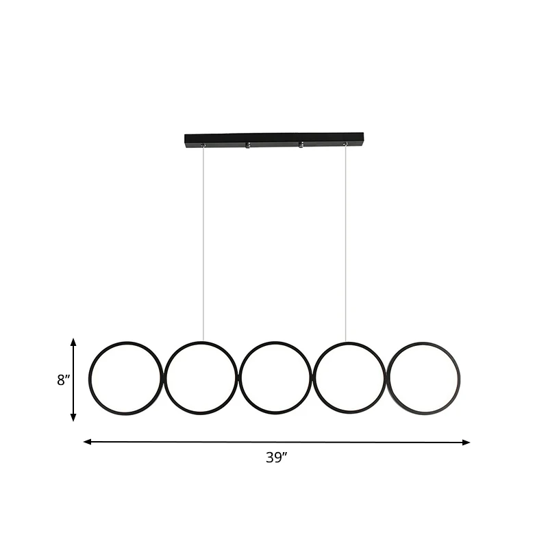 Zwart hangend eilandlicht met 5 ringen Eenvoudige metalen LED-plafondhanger boven tafel, warm/wit zwak