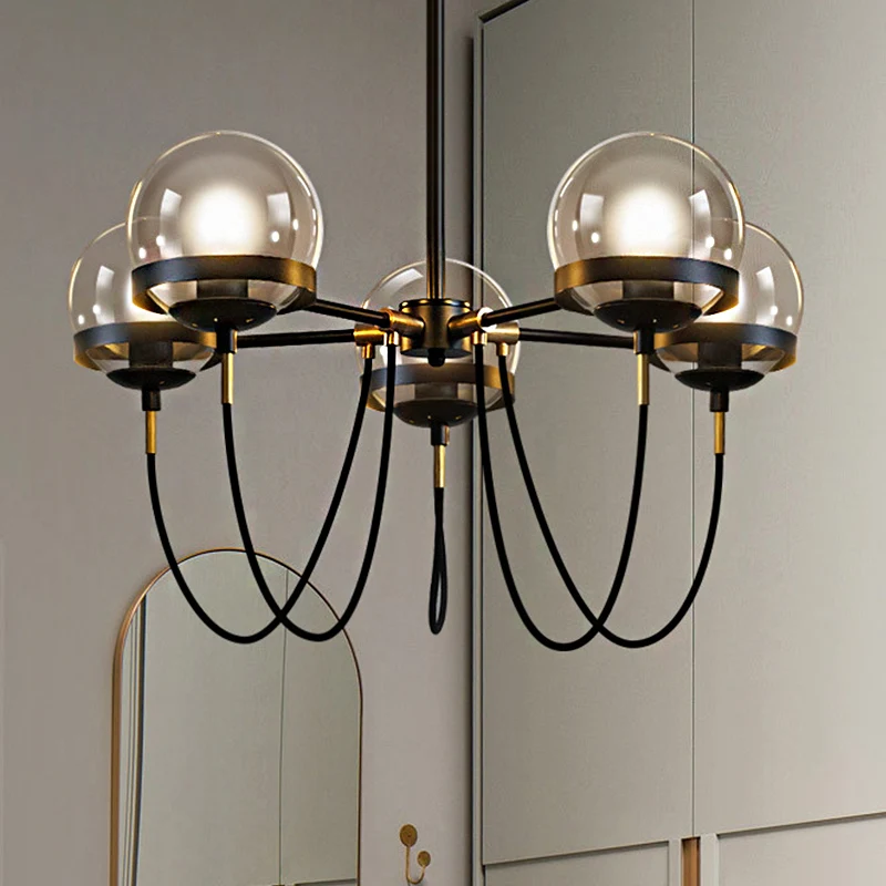Global licht glazen hangende kroonluchter modernistische multi-lampen zwart/gouden hanglampset met binnenste rookglazen bo...