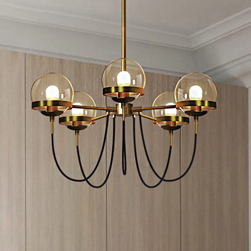 Global licht glazen hangende kroonluchter modernistische multi-lampen zwart/gouden hanglampset met binnenste rookglazen bo...