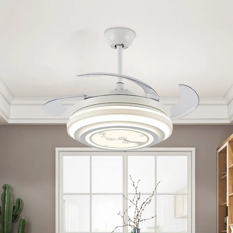 Energiezuinig LED Strak Flower Pattern Semi Flush LED 42" W Acrylic Pendant Fan Lighting White 4 Blades, Remote/Wall Contr...