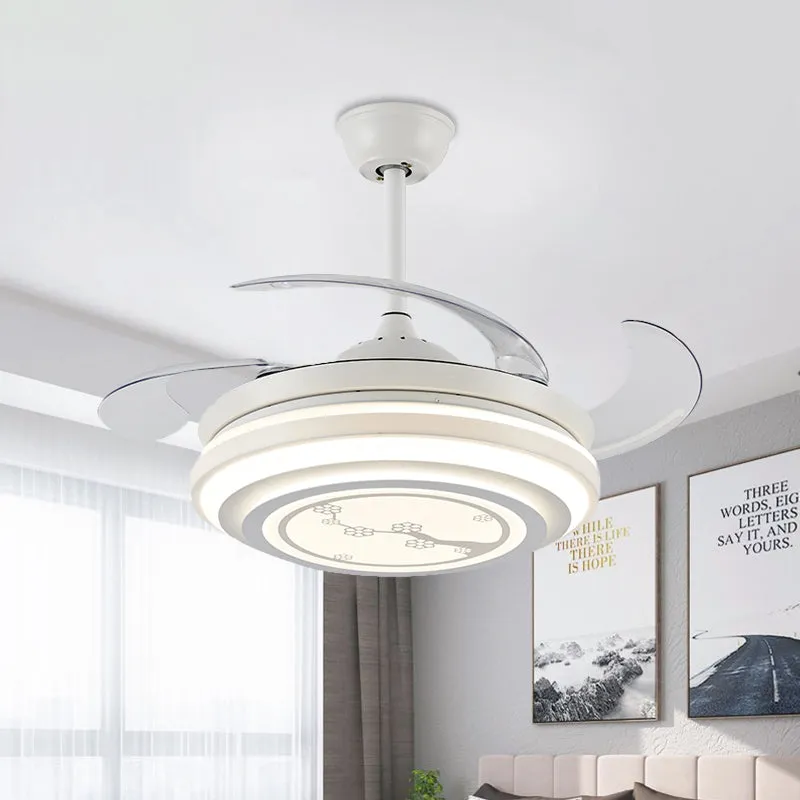 Energiezuinig LED Strak Flower Pattern Semi Flush LED 42" W Acrylic Pendant Fan Lighting White 4 Blades, Remote/Wall Contr...