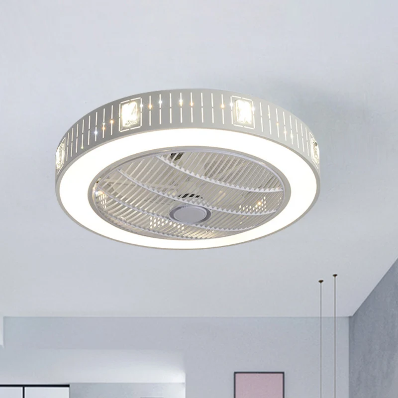23" W Round Kunststof glas Hanging Fan Light Modernism LED White Semi Flush Crystal Deco, 3 Blades met bewegingssensor White