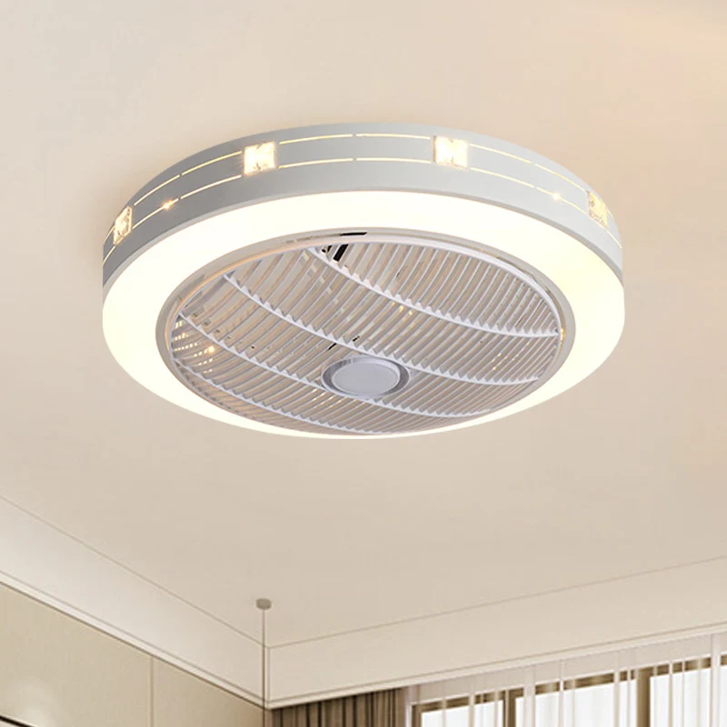 23" W Round Kunststof glas Hanging Fan Light Modernism LED White Semi Flush Crystal Deco, 3 Blades met bewegingssensor White