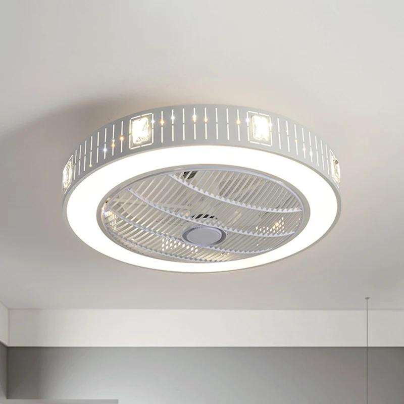 23" W Round Kunststof glas Hanging Fan Light Modernism LED White Semi Flush Crystal Deco, 3 Blades met bewegingssensor White