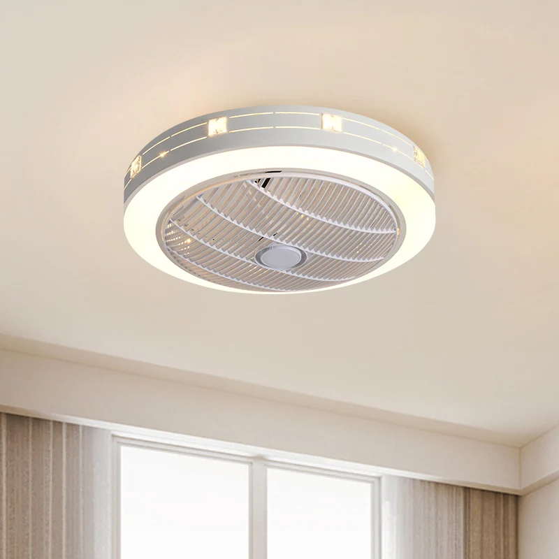 23" W Round Kunststof glas Hanging Fan Light Modernism LED White Semi Flush Crystal Deco, 3 Blades met bewegingssensor White