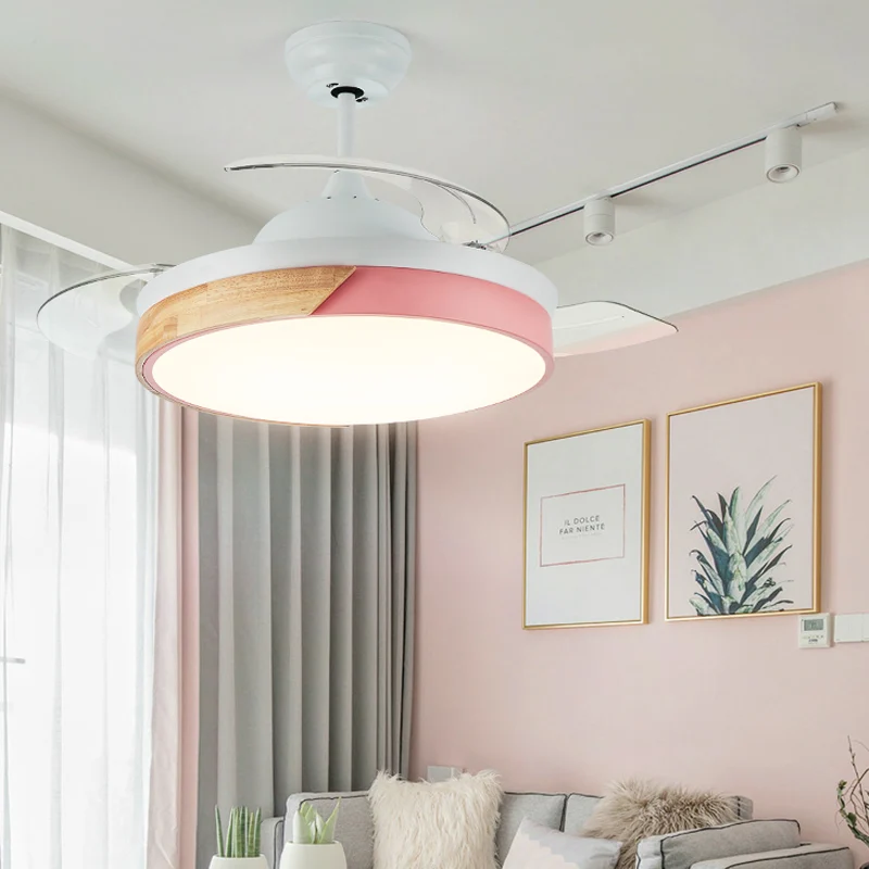Wood Circular Semi Flush Mount Light Nordic Style LED Yellow/Pink Ceiling Fan Light Plexiglas Diffuser Black