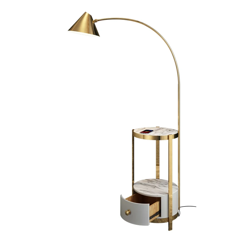 Metalen hengel vloerlamp postmoderne stijl 1 lamp staande lamp met draaibare kegelvormige kap en marmeren dienbladkast inc...