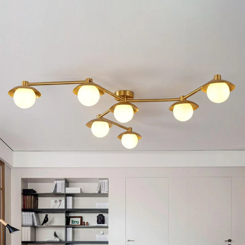 Postmodern Novelty Ceiling Light Verguld Finish Molecule Semi Flush Mount Lamp Ball White Glass Shade Gold