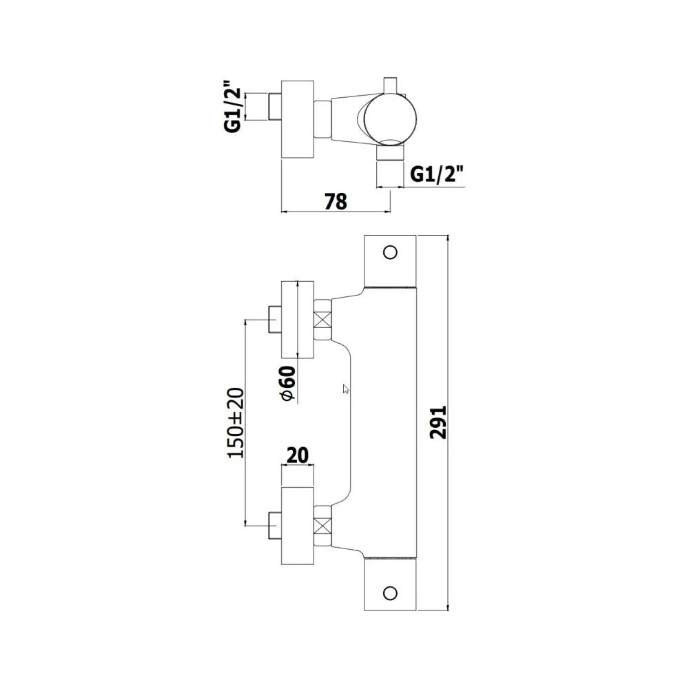 RVS Thermostatic shower mixer without shower set Light series model LIQ168CR chroom Paffoni