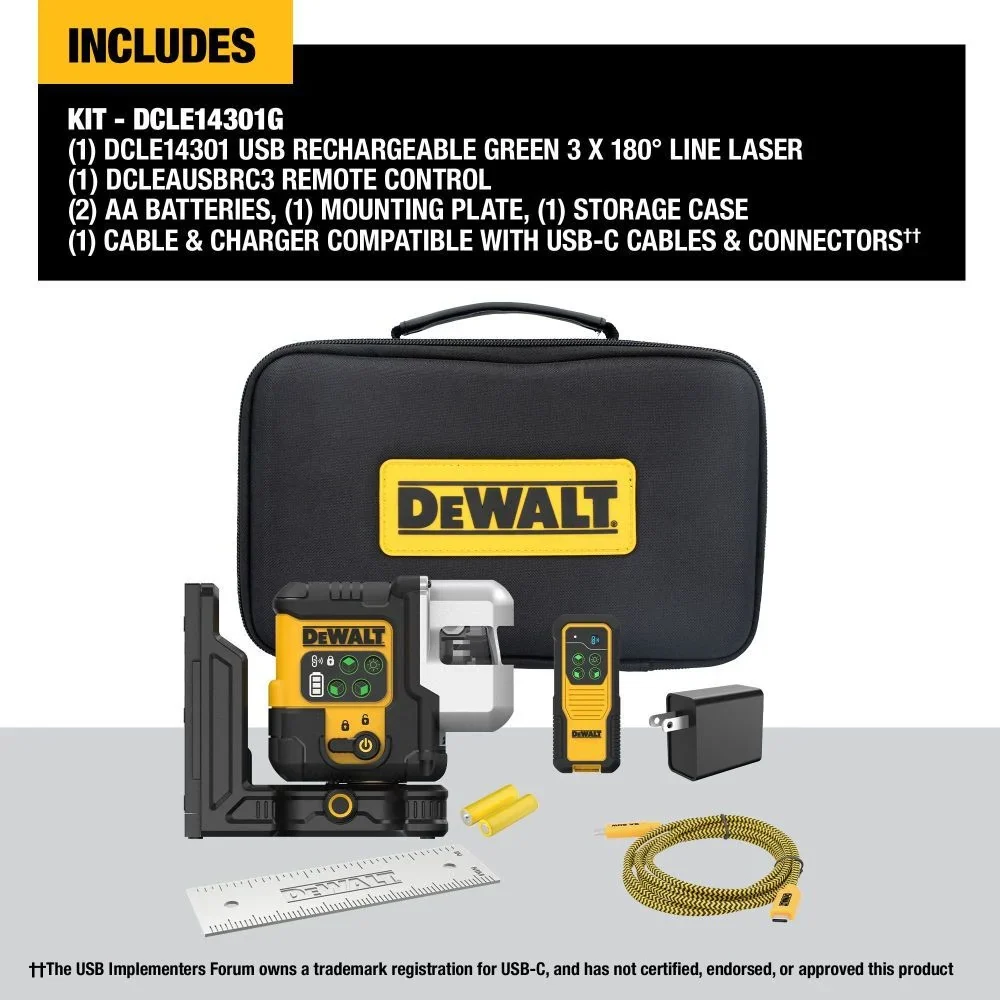 Groen Laser DEWALT USB Rechargeable Groen 3 X 180 Degree Line Laser Kit DCLE14301G