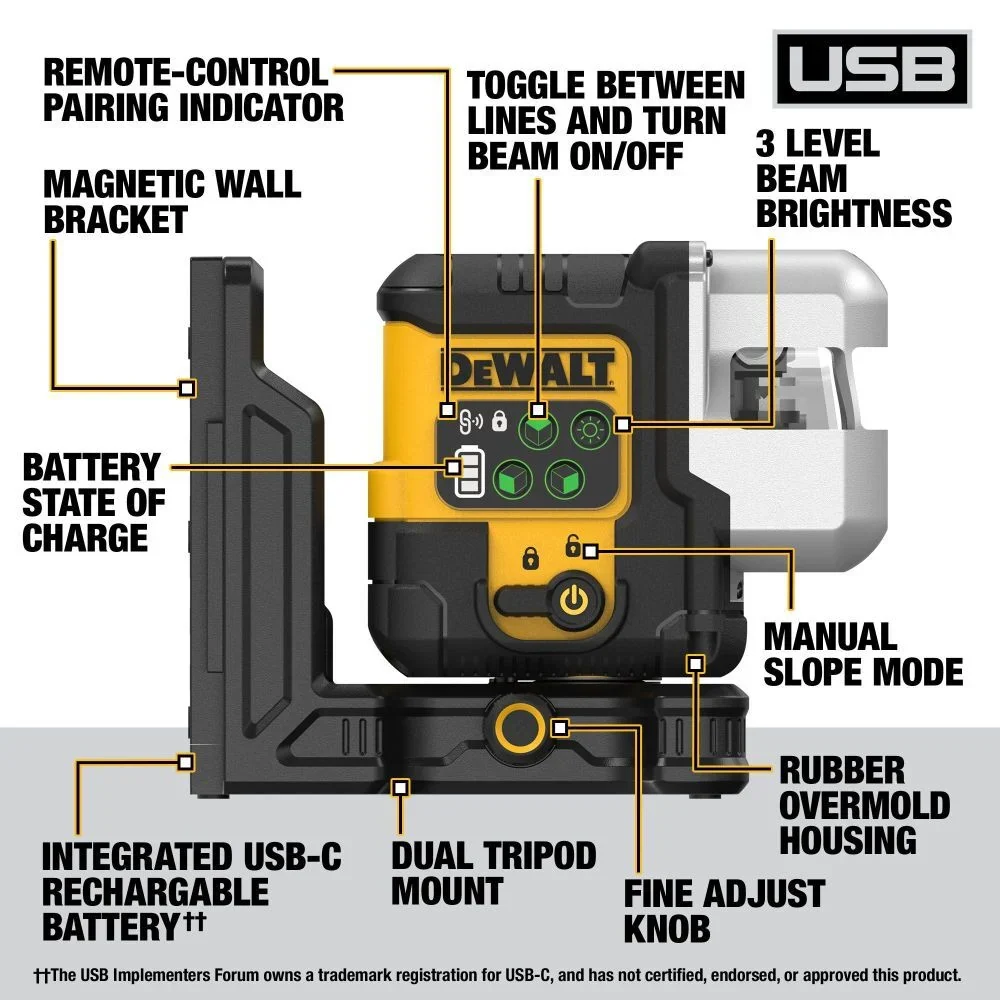 Groen Laser DEWALT USB Rechargeable Groen 3 X 180 Degree Line Laser Kit DCLE14301G