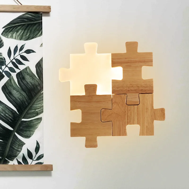 Ecru puzzel schanslamp Noordse LED houten wandlamp wit/warm licht