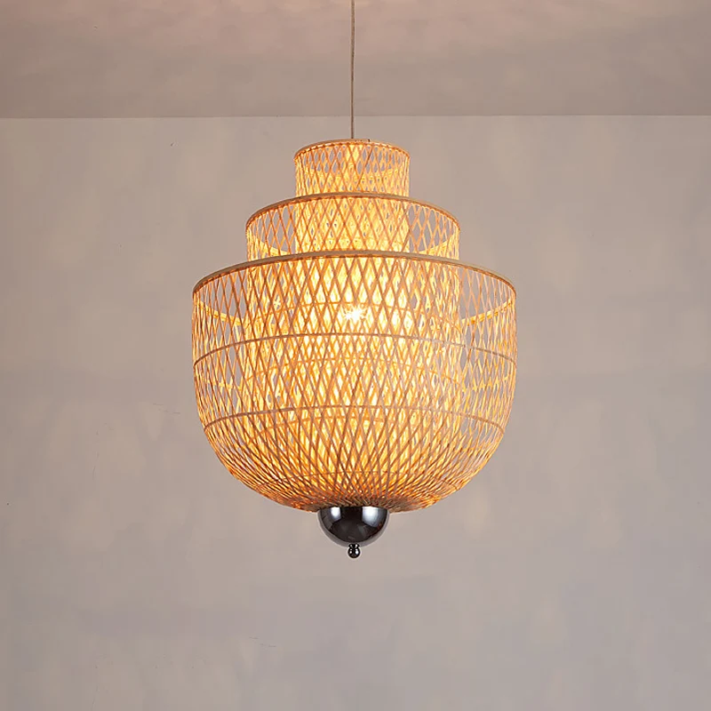 Omgekeerde 3-laags bamboe hanglamp moderne 1-lichts natuurtint hangende verlichtingsarmatuur voor restaurant, 18"/23,5"/31...