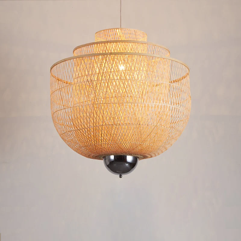 Omgekeerde 3-laags bamboe hanglamp moderne 1-lichts natuurtint hangende verlichtingsarmatuur voor restaurant, 18"/23,5"/31...
