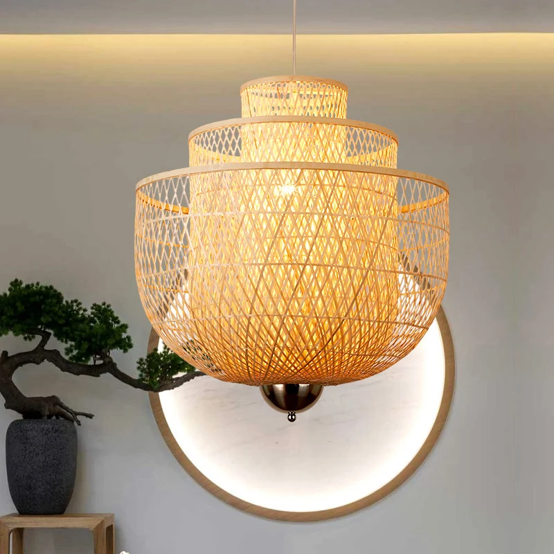 Omgekeerde 3-laags bamboe hanglamp moderne 1-lichts natuurtint hangende verlichtingsarmatuur voor restaurant, 18"/23,5"/31...