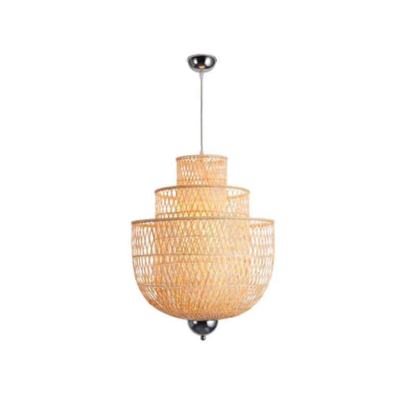 Omgekeerde 3-laags bamboe hanglamp moderne 1-lichts natuurtint hangende verlichtingsarmatuur voor restaurant, 18"/23,5"/31...