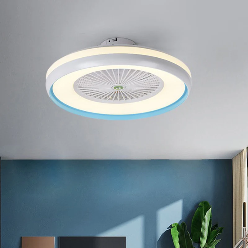 Ronde slaapkamer semi-inbouwverlichting kinder acryl roze/blauwe afwerking 5 bladen LED hangende ventilatorlamp, 23,5" W