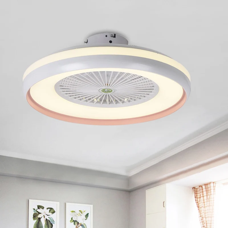 Ronde slaapkamer semi-inbouwverlichting kinder acryl roze/blauwe afwerking 5 bladen LED hangende ventilatorlamp, 23,5" W