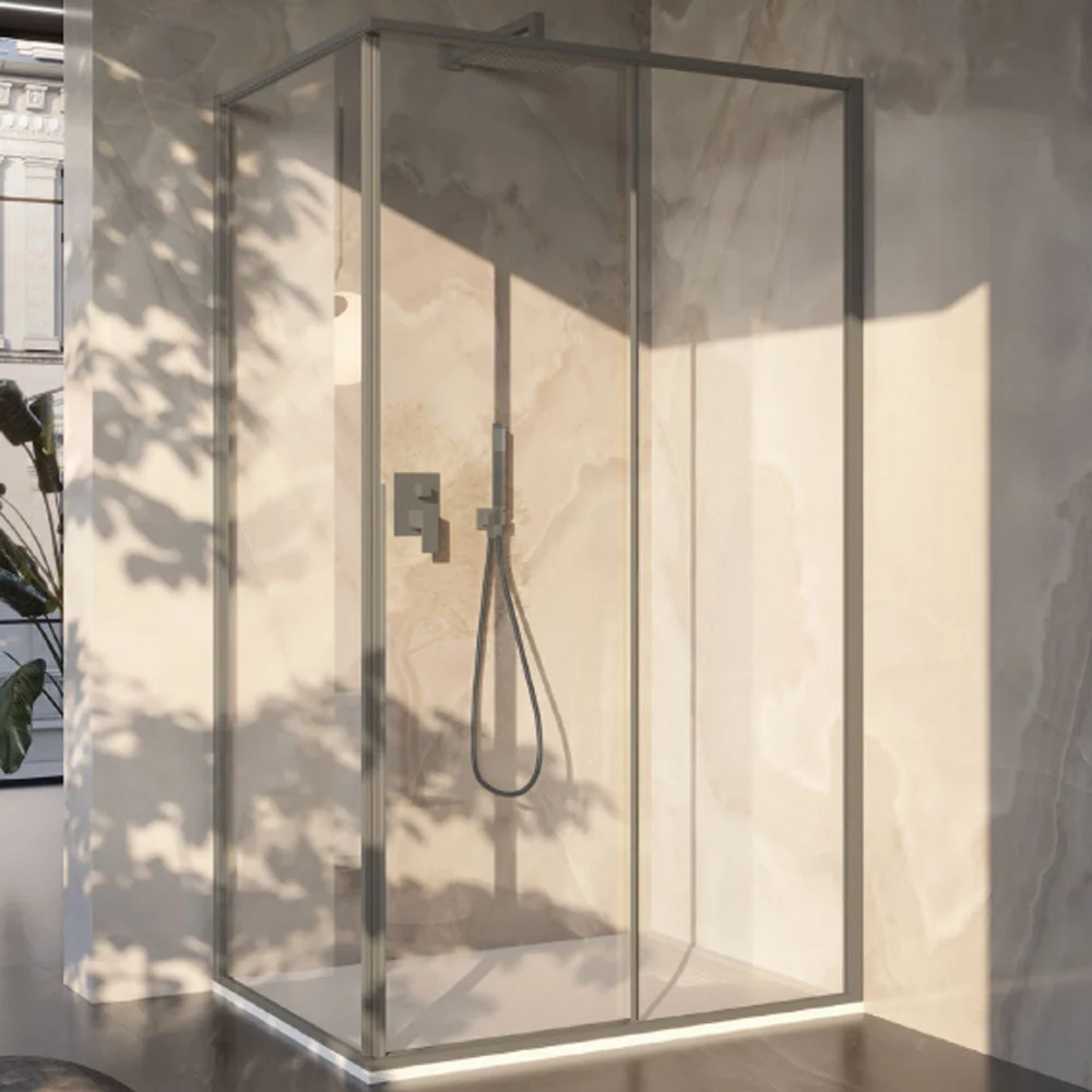 Rectangular shower enclosure 70x135 6 mm crystal and minimal lichtmetaal profile Taupe color. Right version