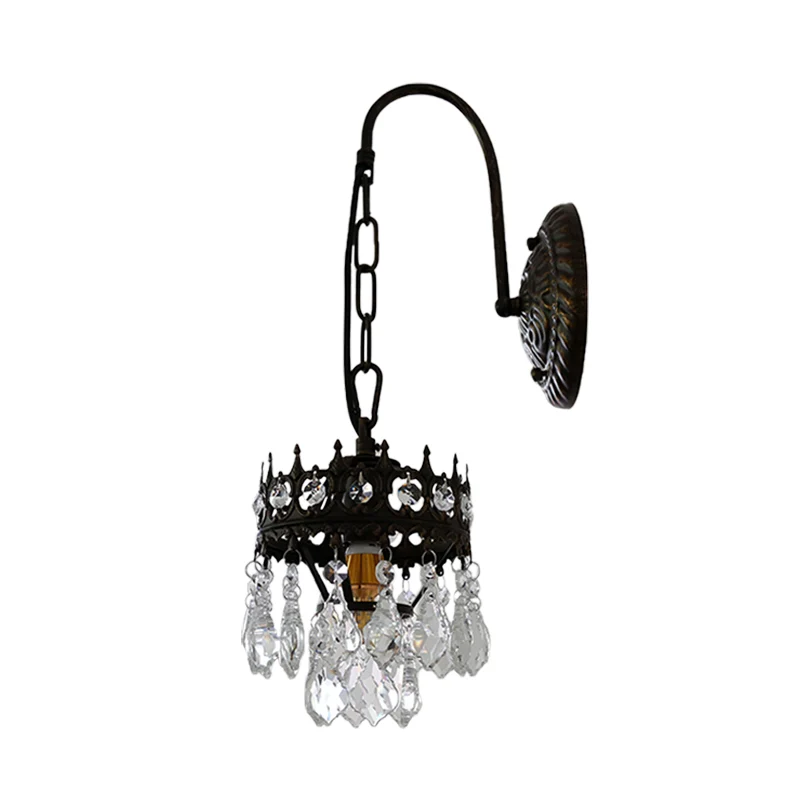Traditionalisme Crown Wandlamp Sconce Metallic 1-lichts woonkamerwandlamp messing/zwart met kristallen druppel