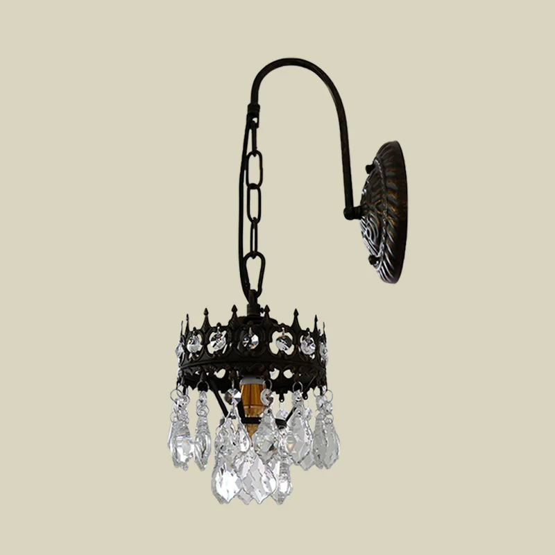 Traditionalisme Crown Wandlamp Sconce Metallic 1-lichts woonkamerwandlamp messing/zwart met kristallen druppel