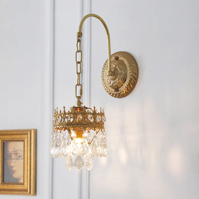 Traditionalisme Crown Wandlamp Sconce Metallic 1-lichts woonkamerwandlamp messing/zwart met kristallen druppel