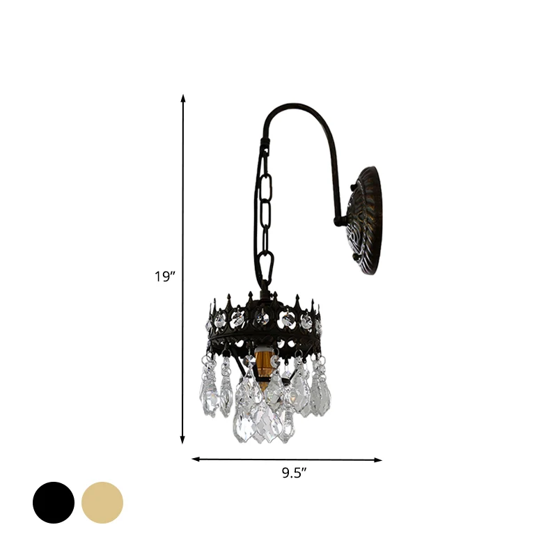Traditionalisme Crown Wandlamp Sconce Metallic 1-lichts woonkamerwandlamp messing/zwart met kristallen druppel