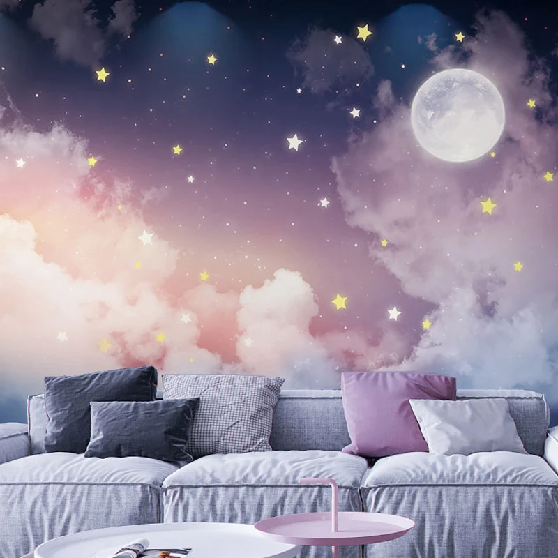 Full Size Wall Mural Tranquil Novelty Moon and Star Wall Decor Pink and Lavendel voor binnenmuren Purple