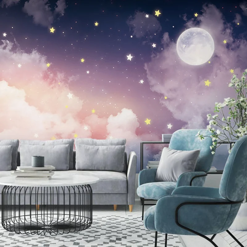 Full Size Wall Mural Tranquil Novelty Moon and Star Wall Decor Pink and Lavendel voor binnenmuren Purple