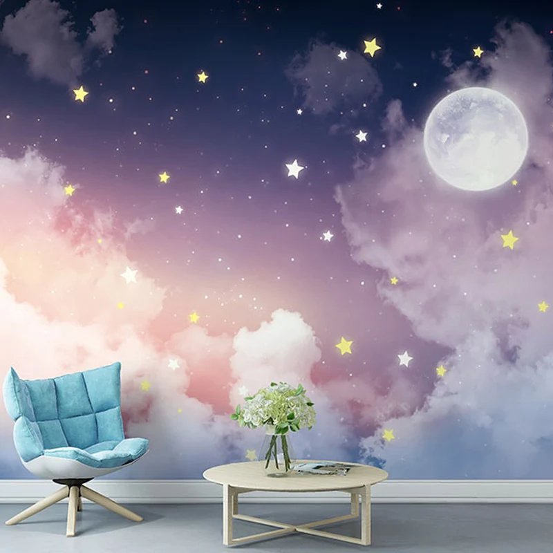 Full Size Wall Mural Tranquil Novelty Moon and Star Wall Decor Pink and Lavendel voor binnenmuren Purple