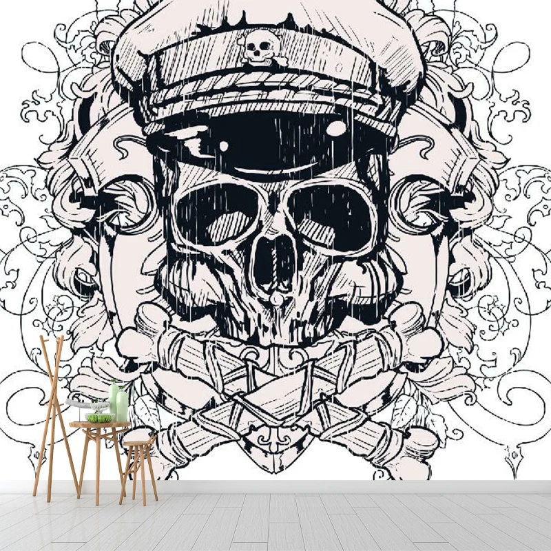 Novelty Pirate Skull Wall Murals Bedroom Op maat Size Wall Covering Black-White met kwast van 5cm Black
