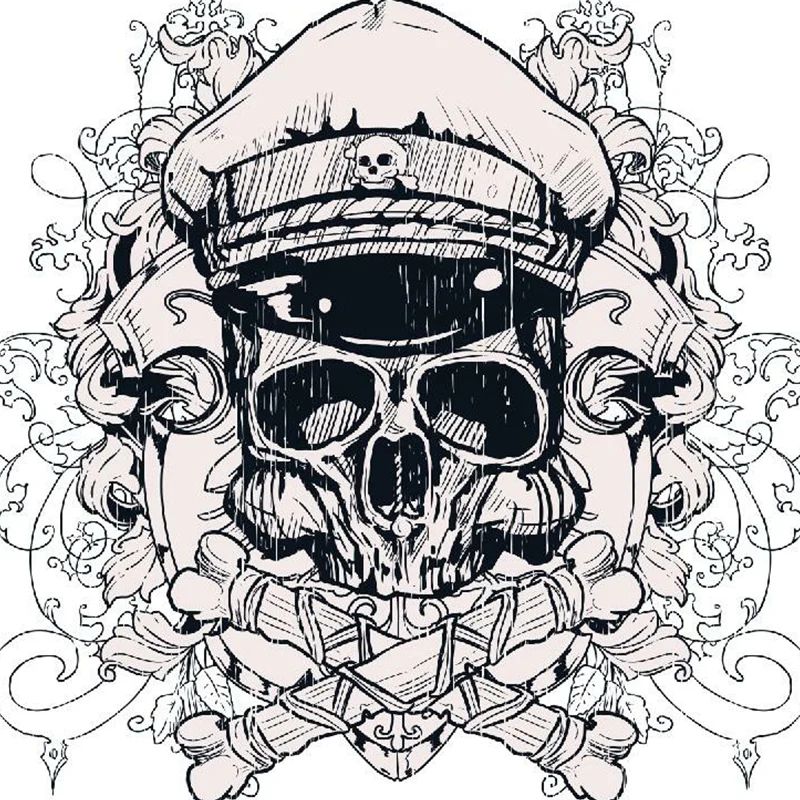 Novelty Pirate Skull Wall Murals Bedroom Op maat Size Wall Covering Black-White met kwast van 5cm Black