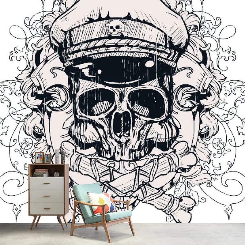 Novelty Pirate Skull Wall Murals Bedroom Op maat Size Wall Covering Black-White met kwast van 5cm Black