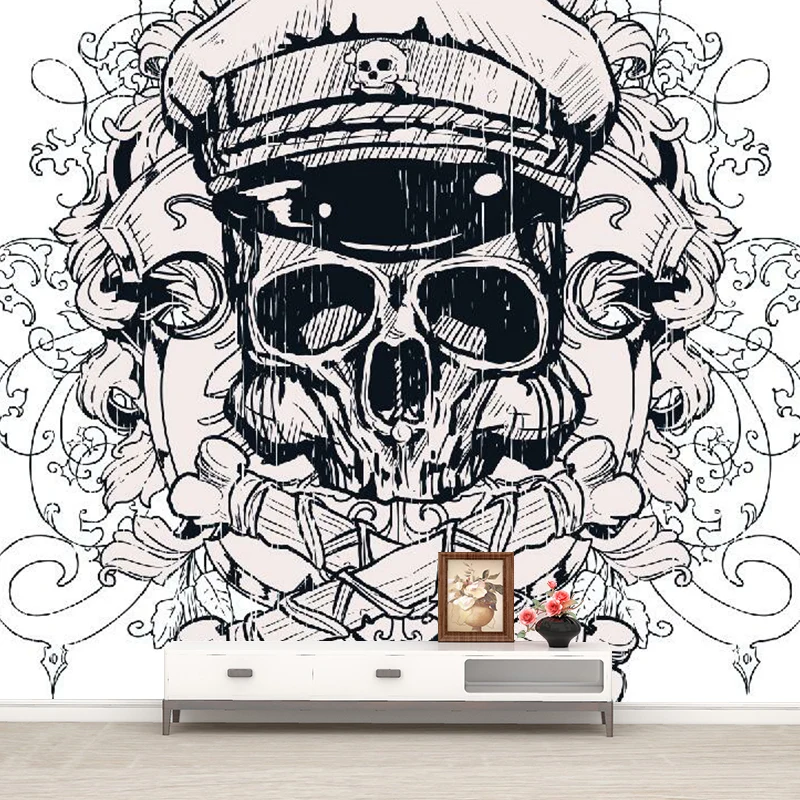 Novelty Pirate Skull Wall Murals Bedroom Op maat Size Wall Covering Black-White met kwast van 5cm Black