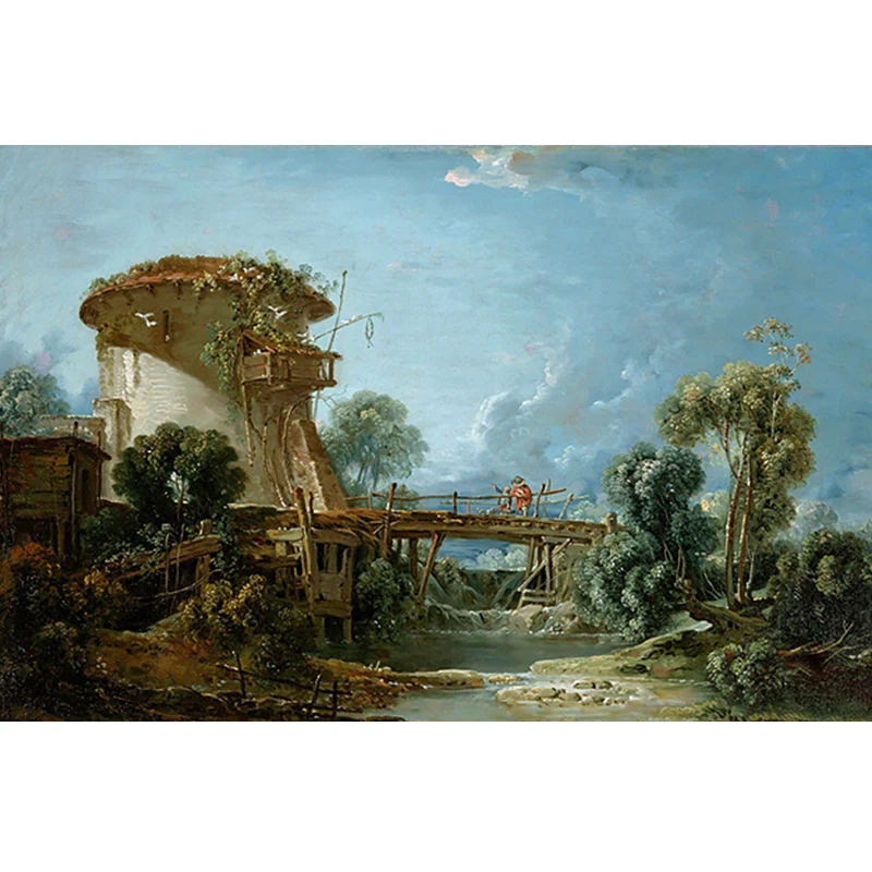 Retro Art Old Bridge Murals Blue-Green Stain Resistant Wall Covering Bedroom Blue