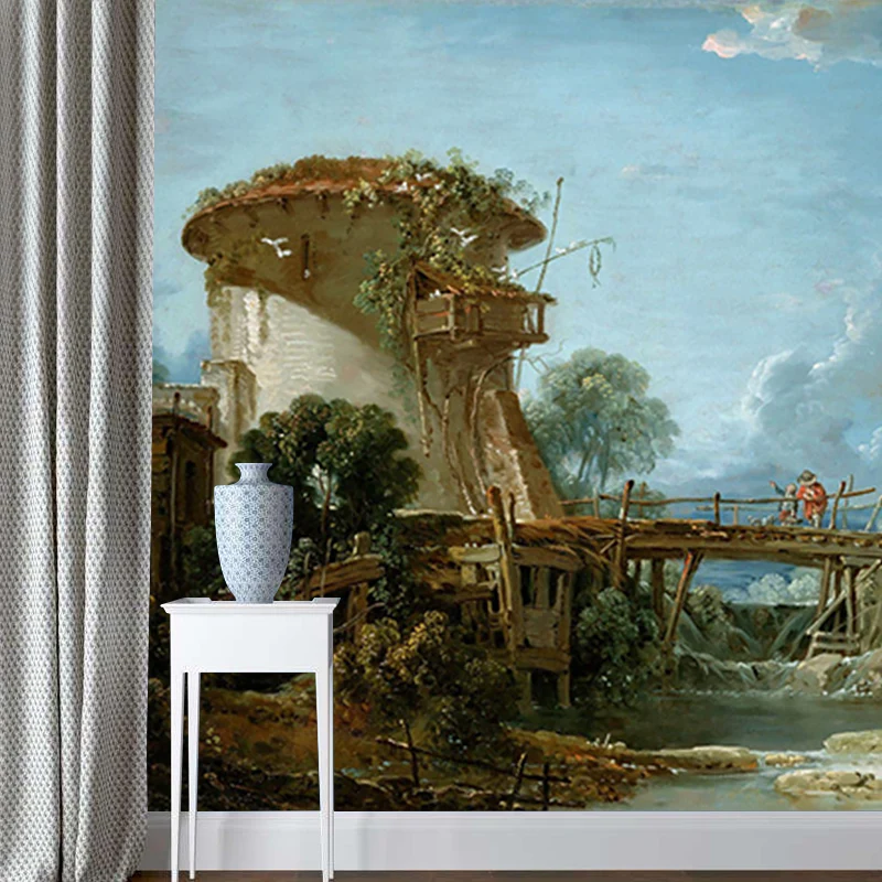 Retro Art Old Bridge Murals Blue-Green Stain Resistant Wall Covering Bedroom Blue