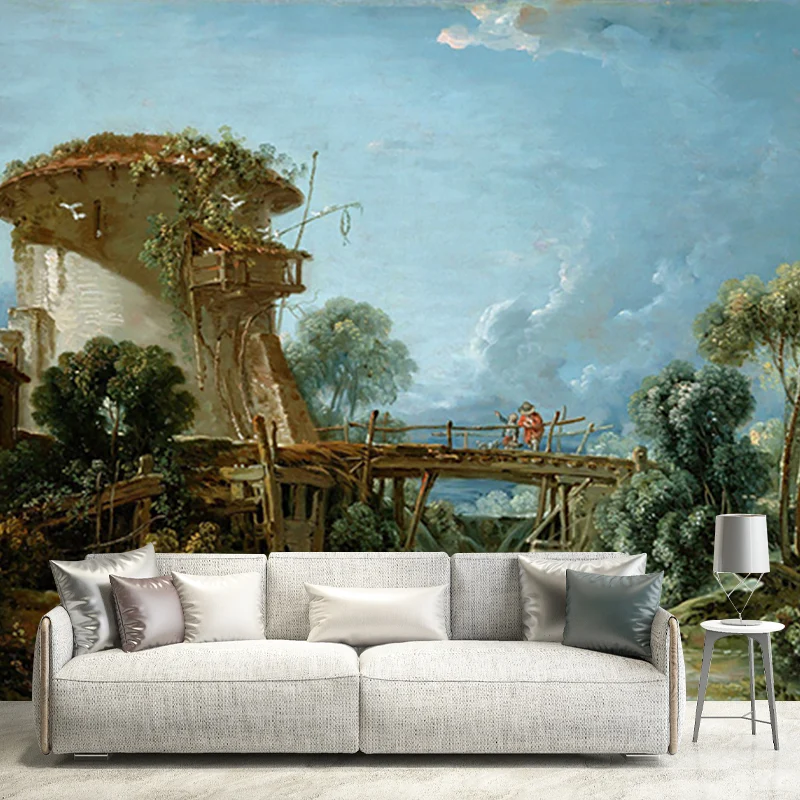 Retro Art Old Bridge Murals Blue-Green Stain Resistant Wall Covering Bedroom Blue