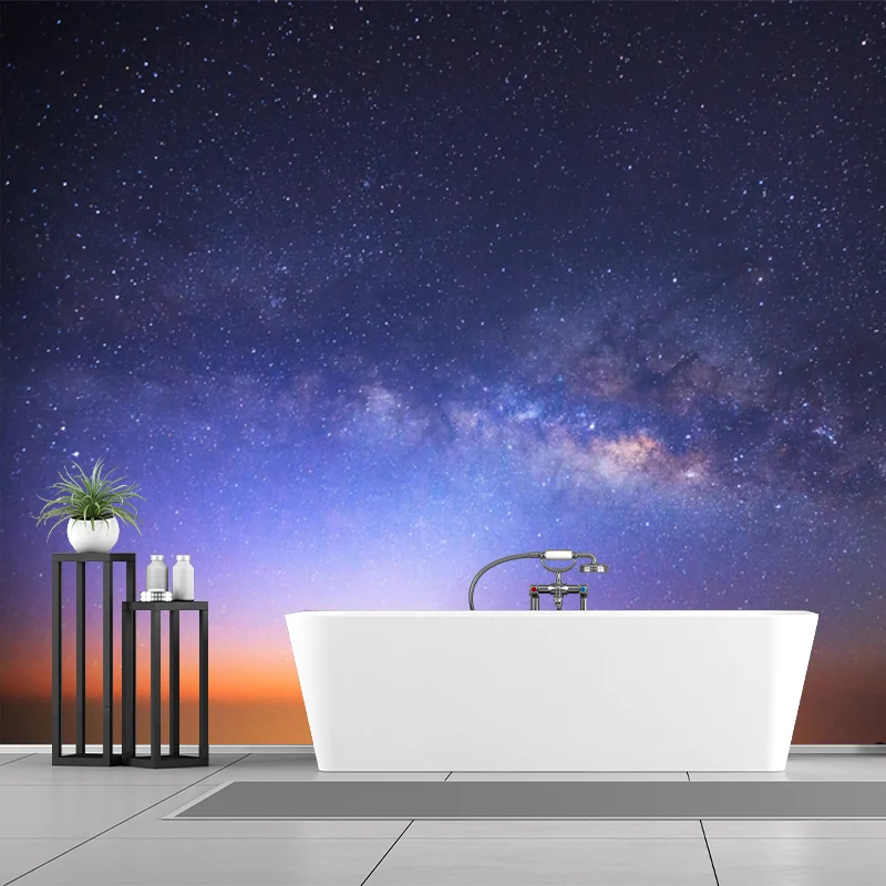 Washable Galaxy Moon Night Mural Decal Contemporary Non-Woven Wall Covering, Aangepast Print met minimale spatten Blue