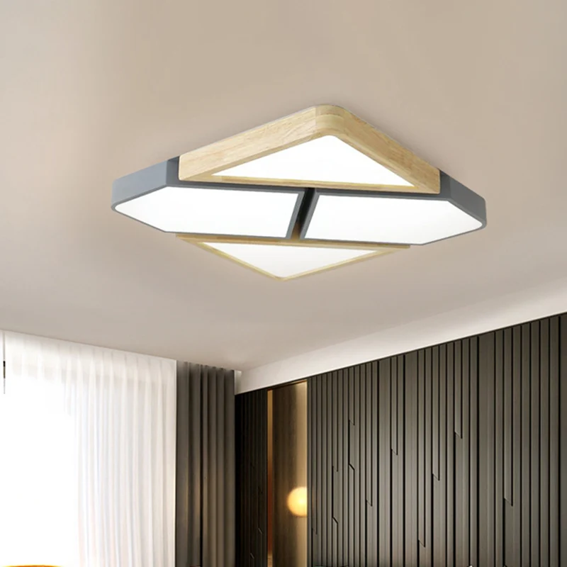 Grijs/wit/groen gesplitst vierkant plafondmontagelicht Noords hout en metaal 18"/21,5"/34,5" brede LED-slaapkamerplafondla...
