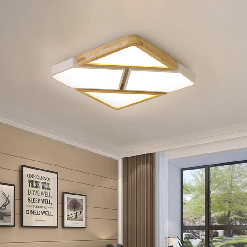 Grijs/wit/groen gesplitst vierkant plafondmontagelicht Noords hout en metaal 18"/21,5"/34,5" brede LED-slaapkamerplafondla...