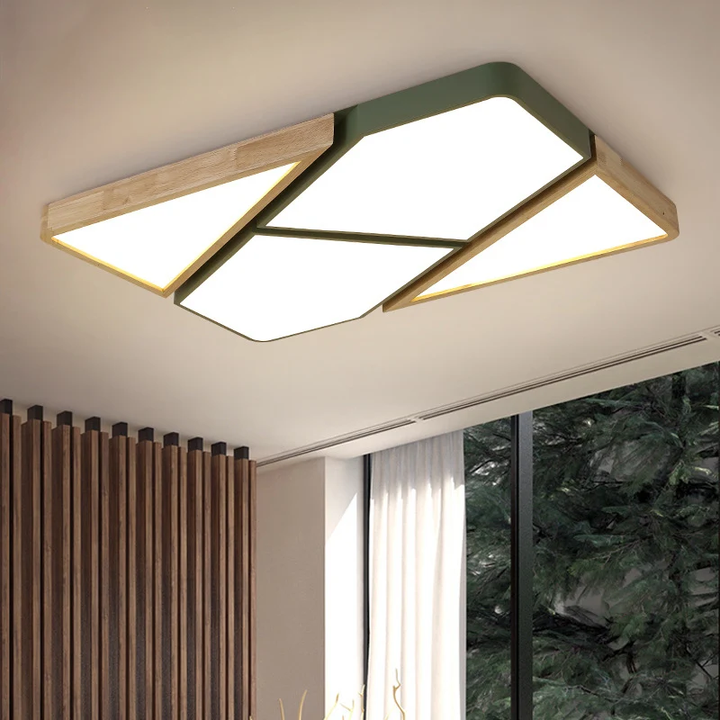 Grijs/wit/groen gesplitst vierkant plafondmontagelicht Noords hout en metaal 18"/21,5"/34,5" brede LED-slaapkamerplafondla...