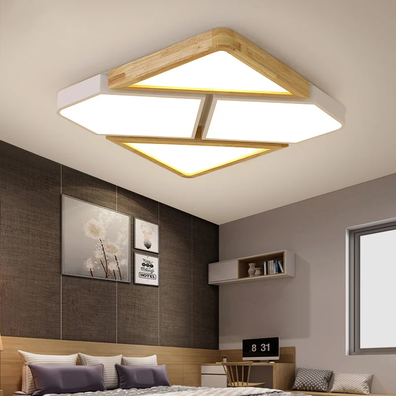 Grijs/wit/groen gesplitst vierkant plafondmontagelicht Noords hout en metaal 18"/21,5"/34,5" brede LED-slaapkamerplafondla...