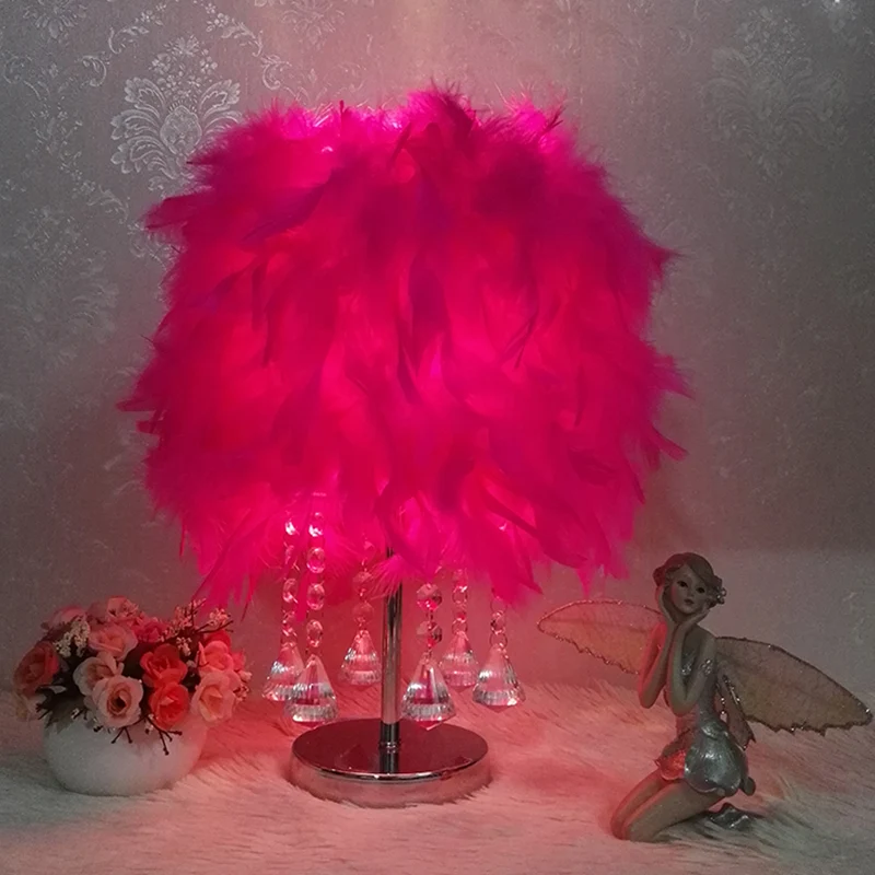 Modernistische cilindernachtlamp met veren-tafellamp voor een slaapkamer roze/perzikrood/wit met kristallen streng | Incl....