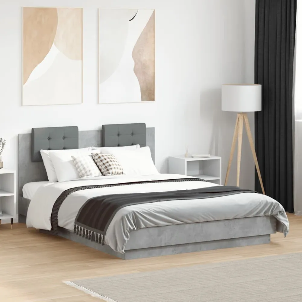 Bedframe met hoofdbord en LED-verlichting betongrijs 120x190 cm