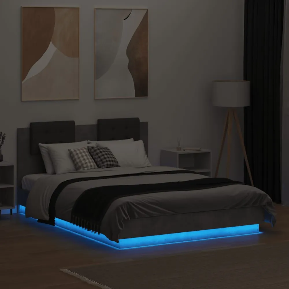 Bedframe met hoofdbord en LED-verlichting betongrijs 120x190 cm