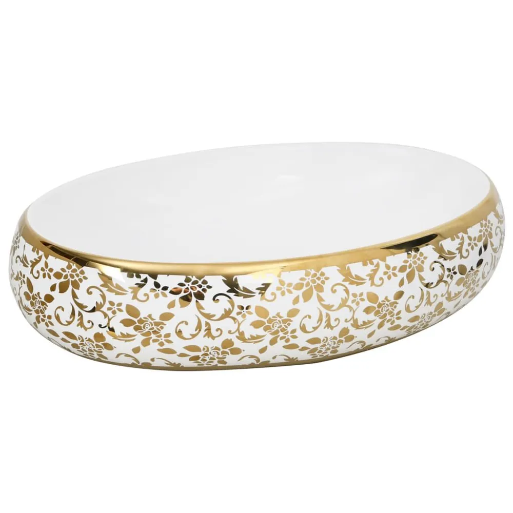 Opzetwasbak ovaal 59x40x15 cm keramiek wit en goud Wit | Discrete Integratie