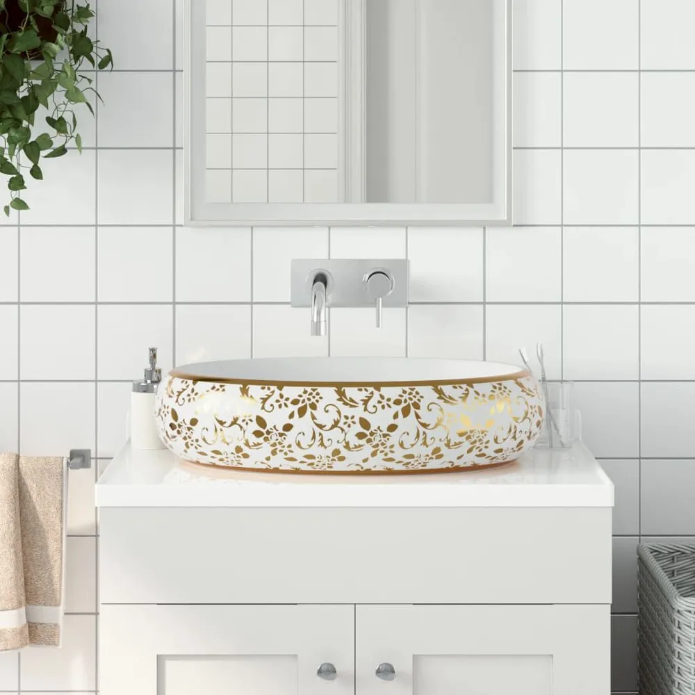 Opzetwasbak ovaal 59x40x15 cm keramiek wit en goud Wit | Discrete Integratie